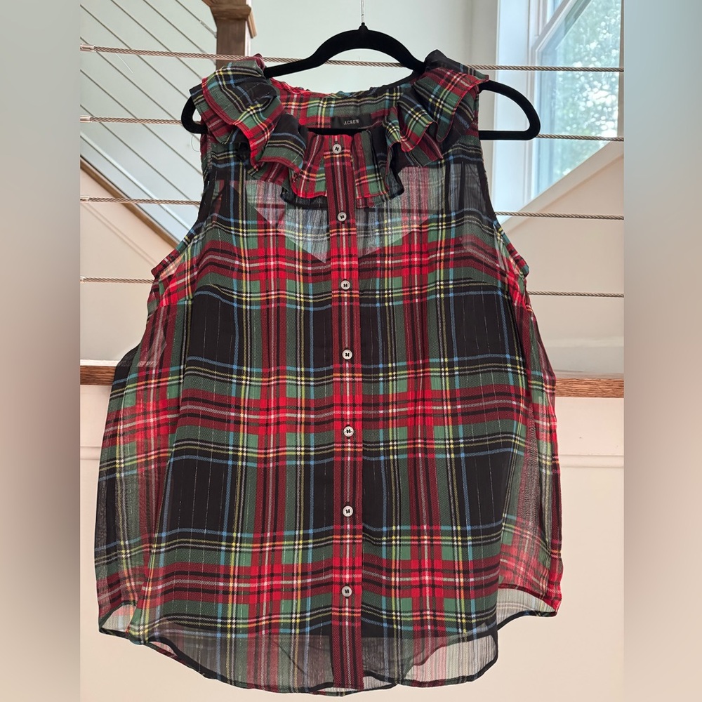 J. Crew NWT Red & Green Plaid Ruffle Collar Sleeveless Top small